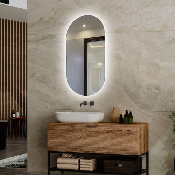 Зеркало Abber Kontur 55х105 см, с LED/ЛЕД-подсветкой, овальное, сенсорный выключатель, диммер, монтаж горизонтальный/вертикальный, для ванны, навесное/подвесное/настенное