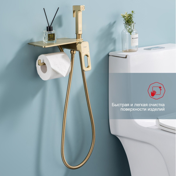 Смеситель с гигиеническим душем Raglo R51.55.03 встраиваемый, однорычажный, керамический, с полкой и бумагодержателем, без излива, с гибким шлангом/лейкой, латунь, цвет сатин золотой