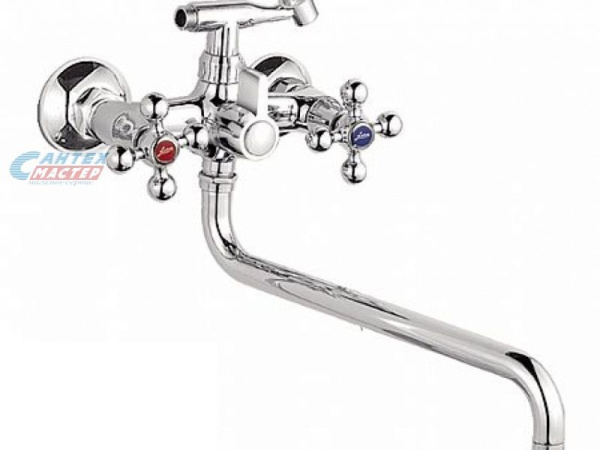 Смеситель для ванны/душа Ledeme H19 двухвентильный, керамический, настенный, излив поворотный 350 мм, с гибким шлангом, душем/лейкой, латунь хром, длинный, универсальный, горизонтальный, вентильный, кран, комплект, сантехника, размер, характеристики