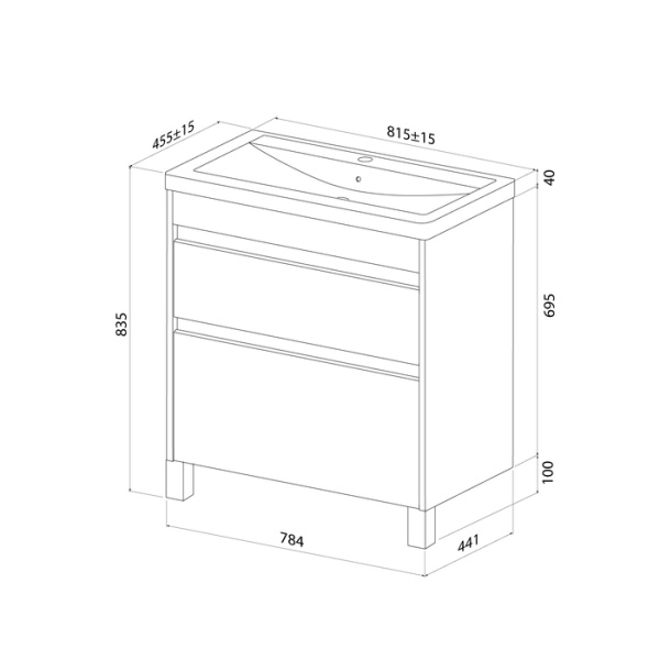 Тумба c раковиной IDDIS Zodiac X, 784х441х795 мм, напольная, 2 выдвижных ящика, ЛДСП/раковина накладная, прямоугольная, цвет белый, санфарфор, отверстие под смеситель ZDX80WFi95K