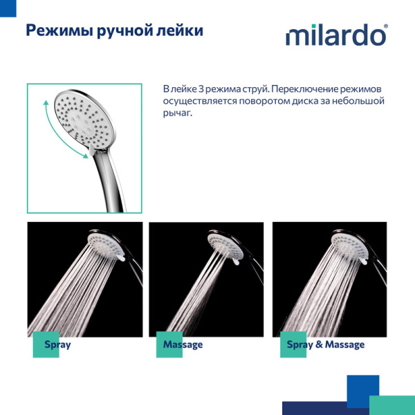 Душевой гарнитур Milardo Essential цвет хром, комплект: держатель лейки/лейка 3-режима/шланг, наружного монтажа 3303F10M16