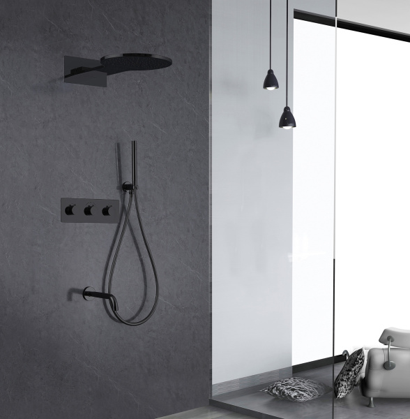 Душевая система ABBER Wasser Kreis встраиваемая, цвет черная матовая, комплект: термостатический смеситель/излив 200 мм/тропический душ (с верхней лейкой)/лейка/шланг, внутренний (скрытый) монтаж