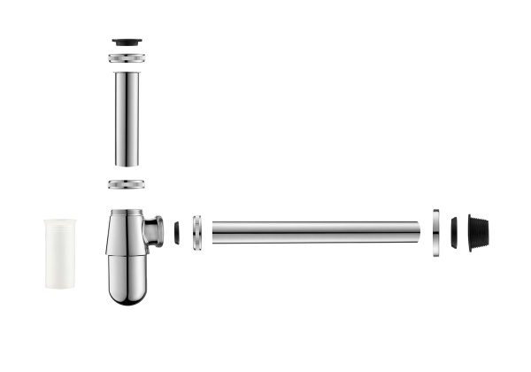 Сифон для раковины Aquatek AQ6014CR бутылочный, без выпуска, 1 1/4" горизонтальный/боковой выпуск (в стену), латунь/нержавеющая сталь, цвет хром, для раковины/умывальника