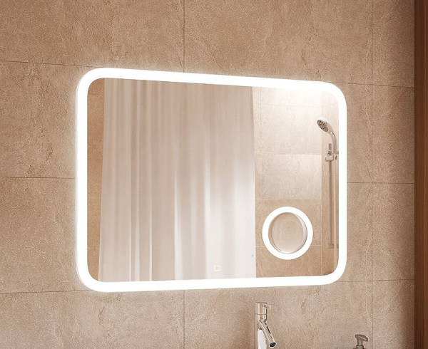 Зеркало Azario Эльза, 80х55 см, с LED/ЛЕД-подсветкой, с диммером, с подогревом, часы, прямоугольное, выключатель сенсорный, для ванны, навесное/подвесное/настенное
