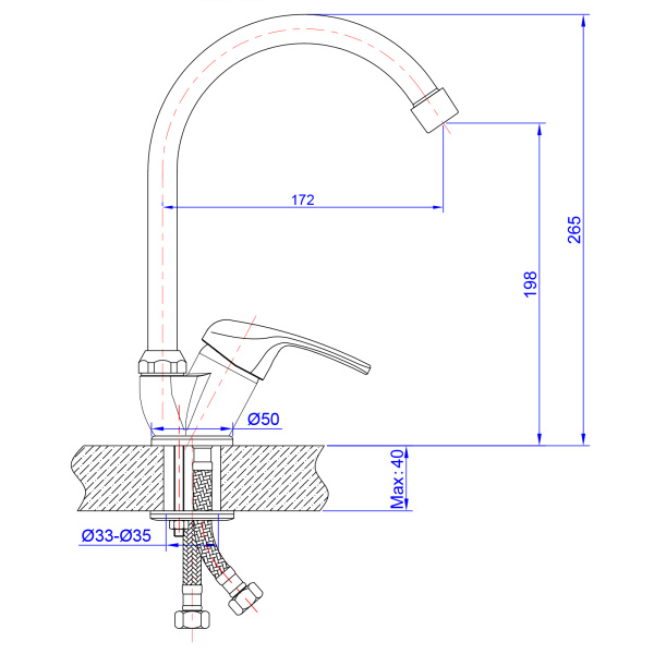 Смеситель для кухни/мойки AQUEDUC однорычажный, поворотный, керамический, длина излива 172 мм, высота 198 мм, латунь, цвет хром 345385