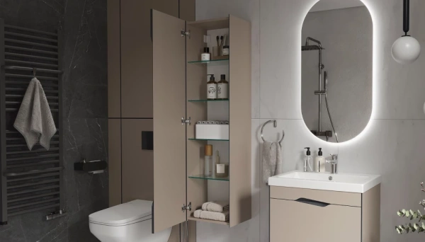 Пенал Velvex Krona 400, 404х307х1478 мм подвесной, 1 распашная дверца, цвет серый камень, в ванную комнату, влагостойкий, универсальный