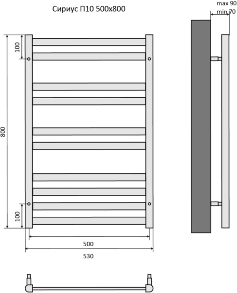 Полотенцесушитель Aquatek Сириус водяной П10 500х800 мм черный муар, нержавеющая сталь, лесенка, подключение нижнее