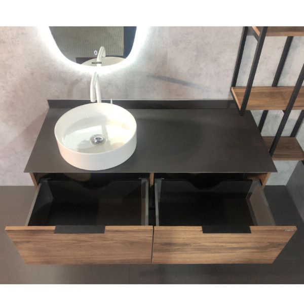Тумба с раковиной Comforty Порто-120-1, 120х64,5х52 см, подвесная, 2 выдвижных ящика/открытая полка, ЛДСП/сталь, прямоугольная, цвет- дуб темно-коричневый/черный/раковина COMFORTY 9110, круглая, цвет белый, накладная