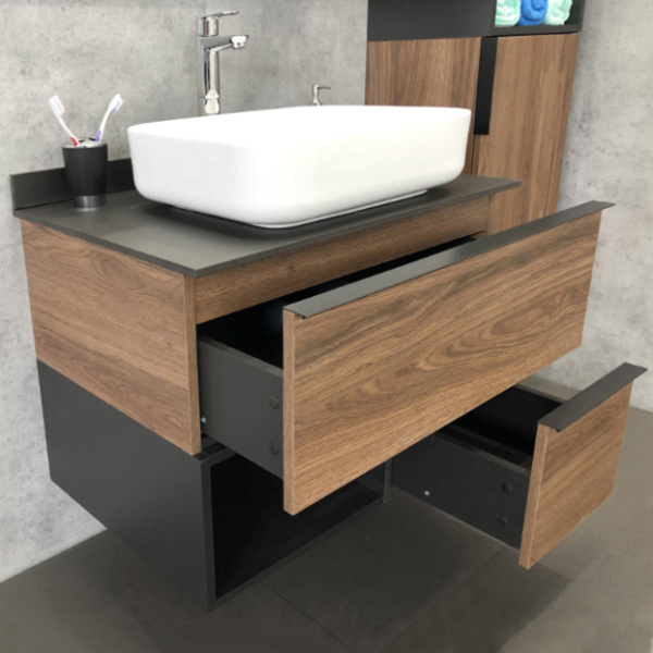 Тумба с раковиной Comforty Штутгарт 75, 75,5х68,5х52 см, подвесная, 2 выдвижных ящика/открытая полка, ЛДСП, прямоугольная, цвет- дуб темно-коричневый/черный/раковина COMFORTY T-Y9378,  прямоугольная, цвет белый, накладная