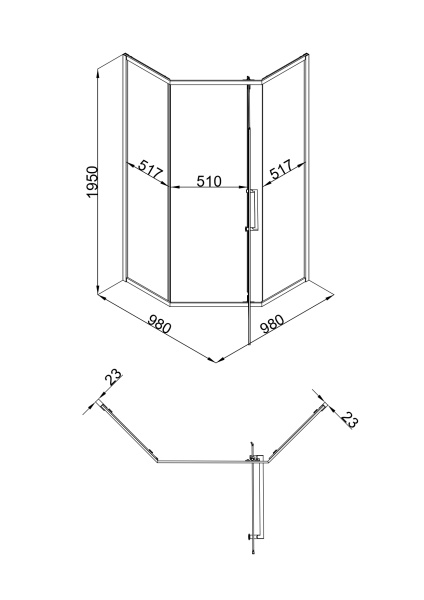 Душевой уголок Olives Kabrera 100х100х195 см без поддона, 5-тиугольный, стекло прозрачное 6 мм, профиль черный матовый, без крыши, распашная KB-100C5-SW-GB