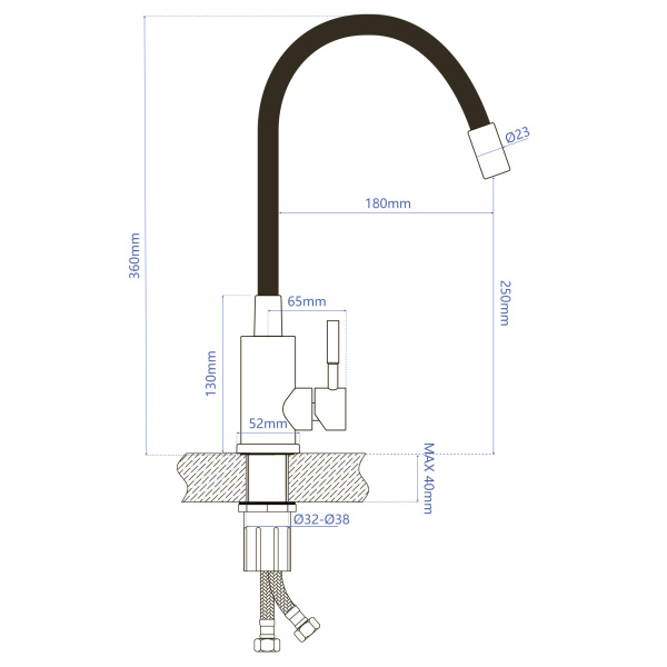 Смеситель для кухни/мойки AQUEDUC однорычажный, поворотный/гибкий, керамический, длина излива 180 мм, высота 250 мм, нержавеющая сталь/силикон, цвет сталь/черный 345321