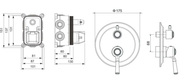 Смеситель для ванны/душа Aquatek Классик настенный, однорычажный, встраиваемый, 3 режима, без излива, латунь, цвет полированное золото
