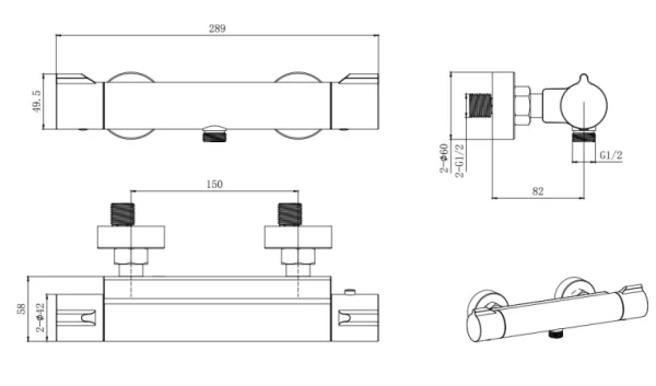 Смеситель для душа Aquatek Вега AQ1063CR термостатный, настенный, без излива, без шланга и лейки, нержавеющая сталь, хром