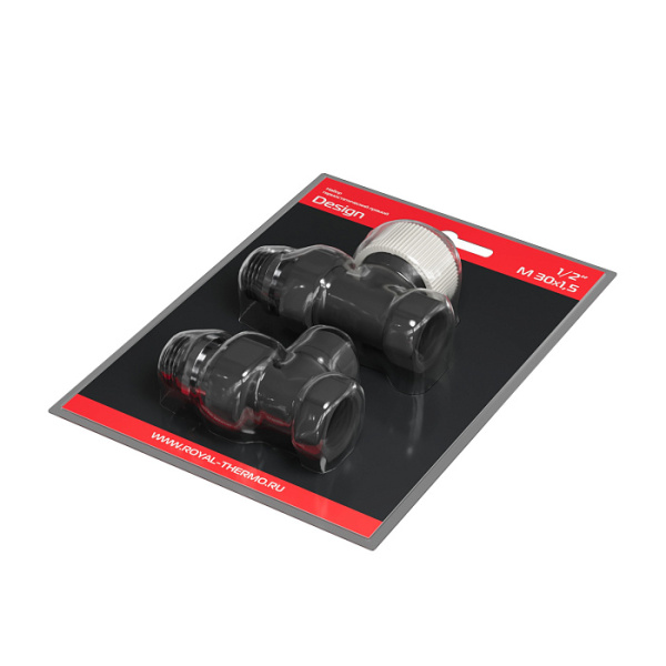 Набор термостатический Royal Thermo Design DN15 1/2" ВР-НР, М30х1,5 прямой, цвет черный матовый, для радиатора отопления, термостатический и запорный клапан, вентиль RATVDP11212BL (Роял Термо)
