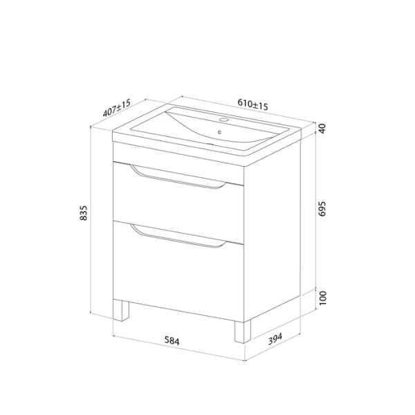 Тумба c раковиной IDDIS Ray, 610х407х835 мм, напольная, 2 выдвижных ящика, МДФ/раковина накладная, прямоугольная, цвет белый, санфарфор, отверстие под смеситель RAY60WFi95K