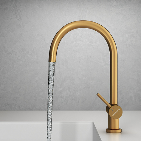 Смеситель для кухни/мойки Abelsberg Aera с каналом для фильтрованной воды, однорычажный, поворотный, керамический картридж, излив 205 мм, высота излива 230 мм латунь, PVD покрытие, цвет королевское золото