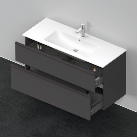 Тумба под раковину Duravit D-Neo, 121х46,2х62,5 см, подвесная, 2 выдвижных ящика, ДСП, цвет: графит матовый, шкафчик навесной, прямоугольная, правая/левая, в ванную комнату