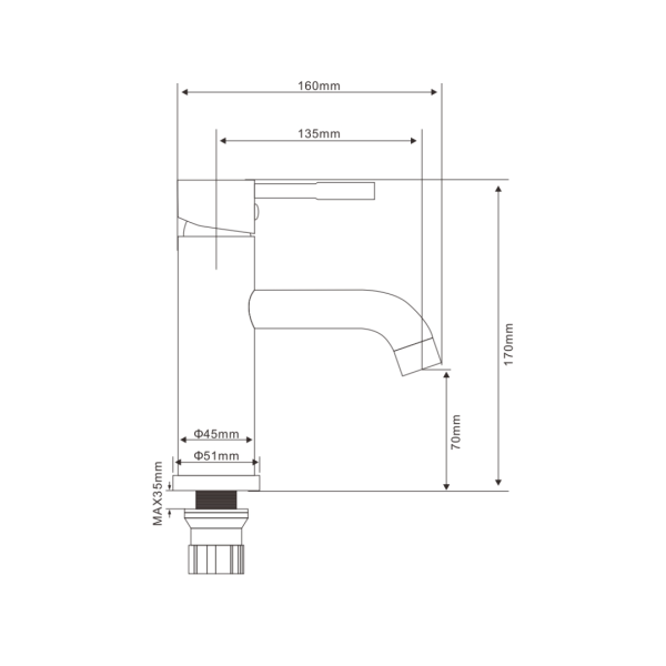 Смеситель для раковины/умывальника Olives Akero AK11100 однорычажный, неповоротный, керамический, длина излива 135 мм, нержавеющая сталь, цвет сталь