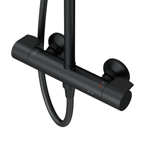 Душевая система AM.PM X-Joy, высота 1460 мм, цвет черный, комплект: термостатический смеситель/тропический душ (с верхней лейкой)/стойка/лейка/шланг, наружного монтажа