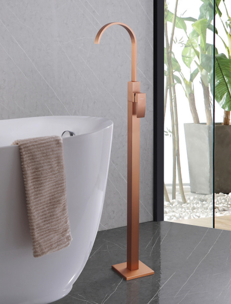 Смеситель для раковины/умывальника ABBER Wasserfall, однорычажный, напольный, неповоротный, керамический, длина излива 240 мм, латунь, цвет розовое золото матовое