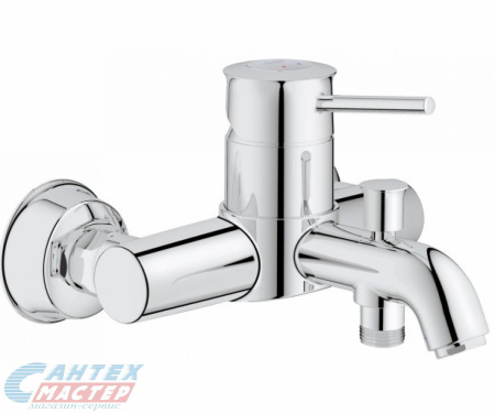 Смеситель для ванны/душа Grohe BauClassic однорычажный, керамический, настенный, излив фиксированный 201 мм, латунь, цвет хром, короткий, универсальный, горизонтальный, рычажный, кран, комплект, сантехника, размер, характеристики, высота, расстояние