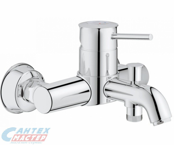 Смеситель для ванны/душа Grohe BauClassic однорычажный, керамический, настенный, излив фиксированный 201 мм, латунь, цвет хром, короткий, универсальный, горизонтальный, рычажный, кран, комплект, сантехника, размер, характеристики, высота, расстояние