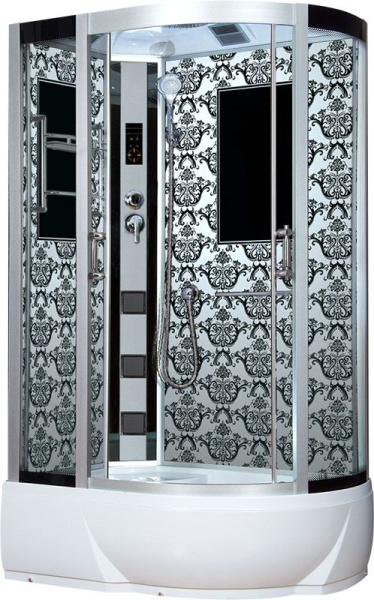 Душевая кабина 80х120х220 см Niagara Lux (левая) поддон низкий, ассиметричная, угловая, стекло прозрачное, заднее с узором, с гидромассажем, с сиденьем, сенсорная, профиль хром/серебро, смеситель, белая, закрытая