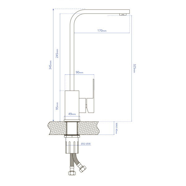 Смеситель для кухни/мойки AQUEDUC однорычажный, поворотный, высокий излив, керамический, длина 170 мм, высота 325 мм, нержавеющая сталь, цвет сталь 345710