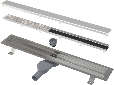 Водоотводящий желоб AlcaPlast APZ13-DOUBLE6-750 с экстра низким сифоном и с 2-х сторонней решеткой Fit and Go 750 мм горизонтальный сток 