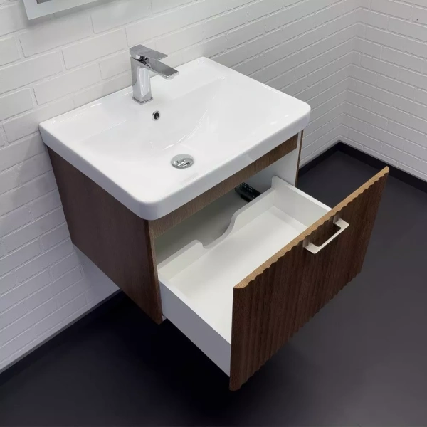 Тумба с раковиной Comforty Ангара-60П размер 61х46х47 см подвесная, 1 выдвижной ящик, ЛДСП/МДФ, прямоугольная, цвет-дуб темно-коричневый/раковина COMFORTY 4460 прямоугольная, цвет белый, накладная