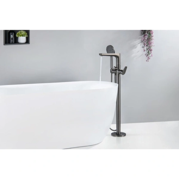 Смеситель для ванны/душа Aquatek Бетта напольный, однорычажный, неповоротный, длина 264 мм, керамический, латунь, цвет оружейная сталь