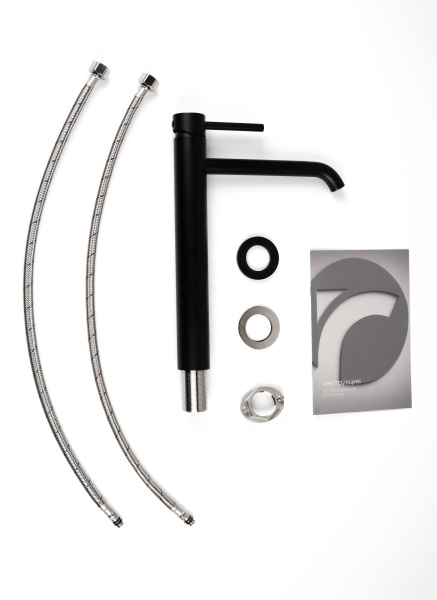 Смеситель для раковины/умывальника Knotlor Eclipse, высокий, однорычажный, неповоротный, керамический, длина излива 195 мм, нержавеющая сталь, цвет матовый черный