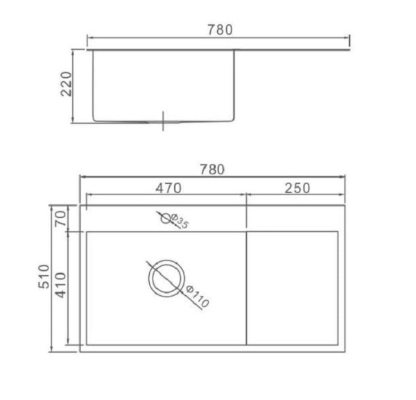 Мойка кухонная GERHANS 78х51х22 см, встраиваемая, нержавеющая сталь, прямоугольная, с отверстием под смеситель, с крылом справа, слив-перелив