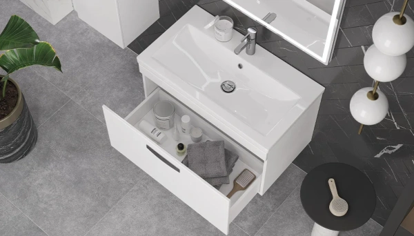 Тумба под раковину Velvex Estea 800-0-1, 792х445х450 мм подвесная, цвет белый матовый, 1 выдвижной ящик, подходит раковина Moduo 80 см, универсальная, в ванную комнату