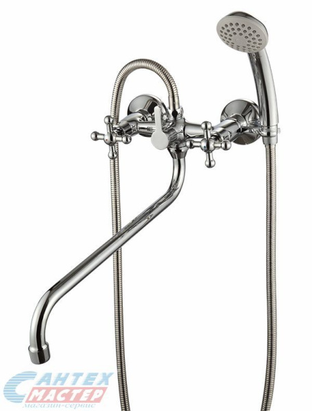 Смеситель для ванны/душа Rossinka G двуручный, керамический, настенный, излив поворотный, с гибким шлангом, душем/лейкой, латунь, цвет хром, длинный, универсальный, горизонтальный, рычажный, кран, комплект, сантехника, размер, характеристики, высота