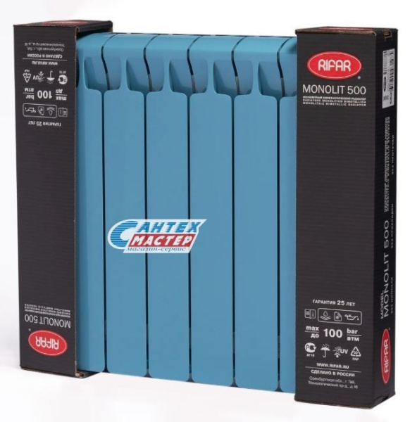 Радиатор отопления Rifar Monolit Ventil 500 (6 секций) биметаллический, голубой, боковое подключение, для квартиры, дома, водяные, мощность 1176 Вт, настенный, батарея (Рифар)