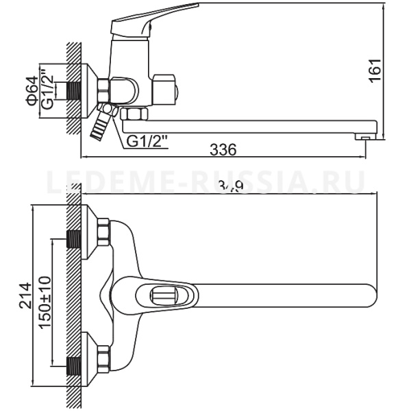 Смеситель для ванны/душа Ledeme H13 однорычажный, керамический, настенный, излив поворотный 273 мм, с гибким шлангом, душем/лейкой, латунь, цвет хром L2213