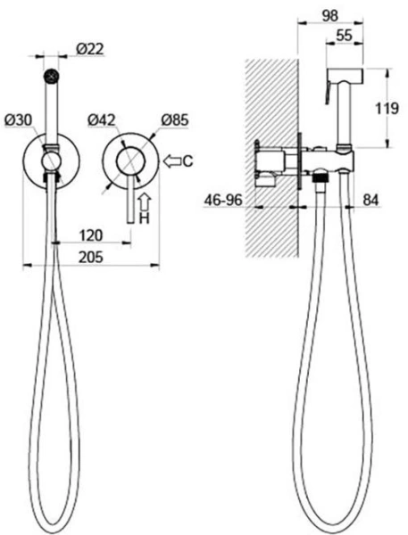 Смеситель с гигиеническим душем Aquatek Европа встраиваемый, однорычажный, керамический, без излива, с гибким шлангом/лейкой, латунь, цвет матовый черный