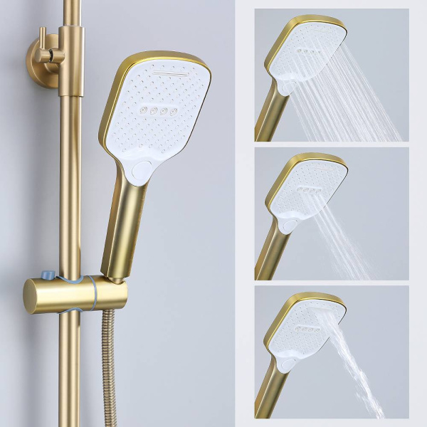 Душевая система Splenka S31.24.03 высота 760-1480 мм цвет сатин золотой, комплект: однорычажный смеситель/излив/тропический душ прямоугольный (с верхней лейкой)/лейка/стойка/шланг, латунь