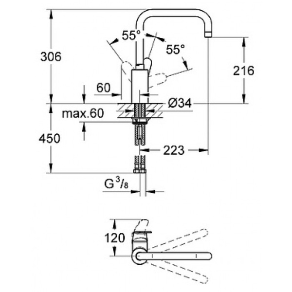 Смеситель для кухни/мойки Grohe Eurodisc Cosmopolitan однорычажный, керамический, с поворотным изливом, длина 223 мм, латунь, цвет хром 32259002