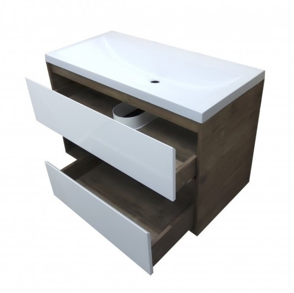 Тумба с раковиной Эстет Monaco Wood 100, 998х607х476 мм, подвесная, 2 выдвижных ящика/открытая полка, ЛДСП/МДФ, прямоугольная, цвет: белый/дуб рустикальный/раковина Монако 100, прямоугольная, цвет белый