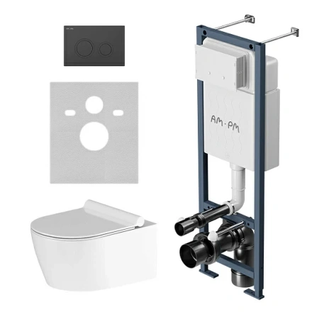 Комплект унитаза с инсталляцией AM.PM Damixa Jupiter, c сиденьем микролифт, с клавишей смыва (кнопкой, клавишей двойного смыва) черной, система для подвесного унитаза, со скрытым смывным бачком (бак), с подвесным унитазом