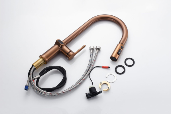 Смеситель для кухни/мойки Knotlor Inspiration, однорычажный, поворотный/выдвижной, с индикатором температуры, керамический, длина излива 175 мм, латунь, цвет бронза матовая