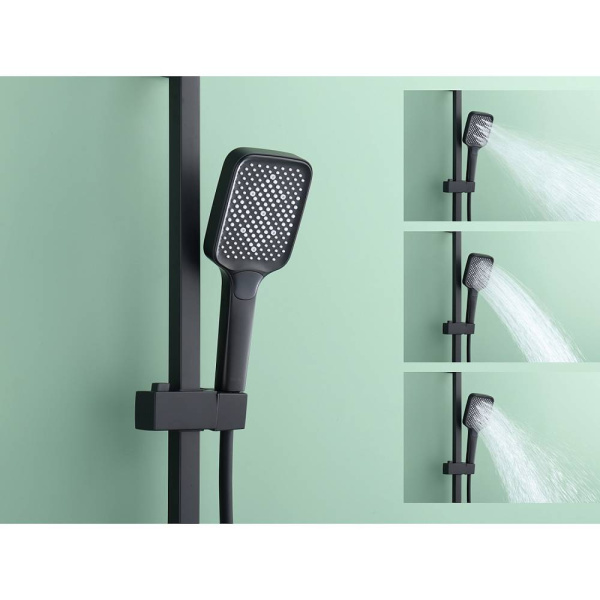 Душевая система Raglo R02.24.06 со смесителем, высота 1082-1650 мм цвет черный, комплект: однорычажный смеситель/излив/тропический душ прямоугольный (с верхней лейкой)/лейка/стойка/шланг, нержавеющая сталь/латунь