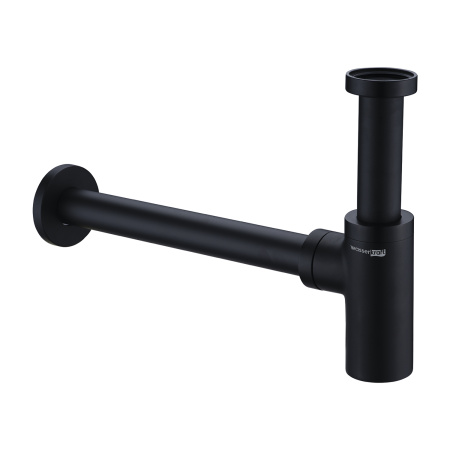 Сифон WasserKRAFT Elbe для раковины/умывальника, дизайнерский, бутылочный, гидрозатвор/мокрый затвор, горизонтальный/боковой выпуск (в стену), латунь/нержавеющая сталь, цвет черный матовый