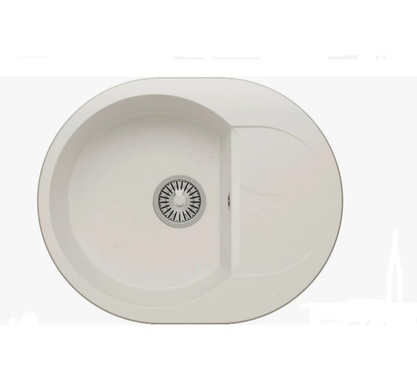 Мойка Polygran Atol-620 62х50х21.6 см, врезная, с правым/левым крылом, из искусственного камня, овальная, цвет белый хлопок, без отверстия под смеситель, слив-перелив, с сифоном, для кухни