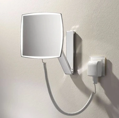 Зеркало Keuco iLook_ move косметическое, подсветка, квадратное, настенное, увеличение x 5, хром, кабель со штекером, латунь