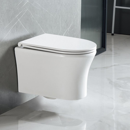 Унитаз подвесной Olives SIERRA, БЕЛЫЙ, прямоугольный, горизонтальный (прямой, в стену) выпуск, безободковый, с быстросьемным сиденьем микролифт, с крышкой (сиденье) 