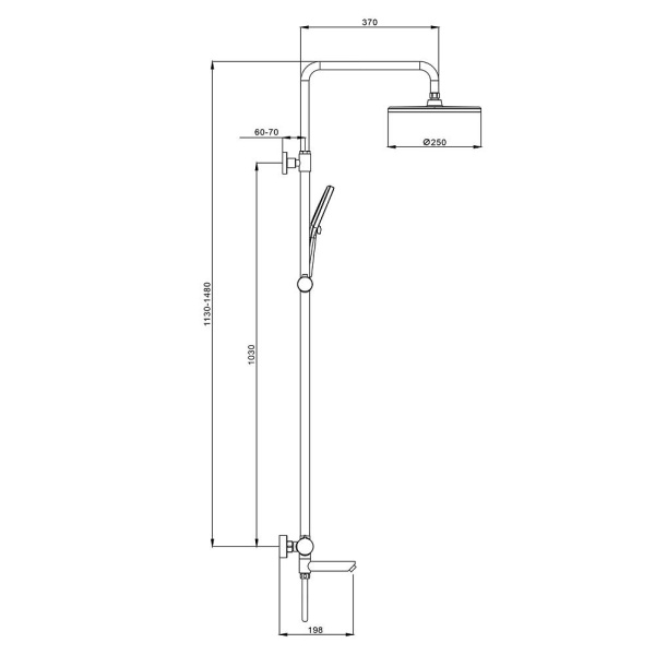 Душевая система Splenka S223.24.06 высота 1130-1480 мм цвет черный, комплект: однорычажный смеситель/излив/тропический душ круглый (с верхней лейкой)/лейка/стойка/шланг, нержавеющая сталь