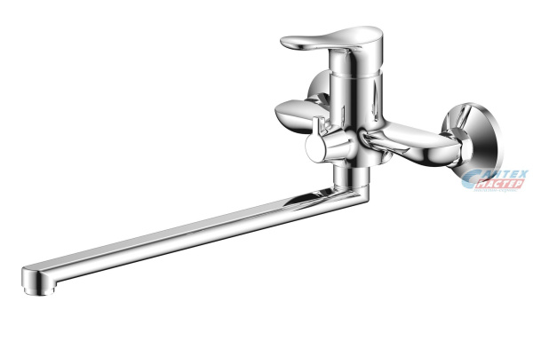 Смеситель для ванны/душа Zenta Вейв однорычажный, керамический, настенный, излив поворотный 320 мм, с гибким шлангом, душем/лейкой, латунь, цвет хром, длинный, универсальный, горизонтальный, рычажный, кран, комплект, сантехника, размер